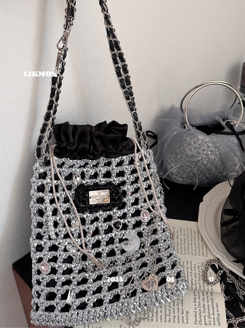 Black Silver Crochet Net Shoulder Bag