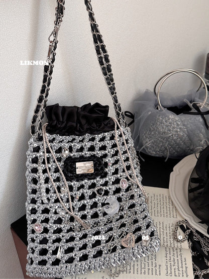 Black Silver Crochet Net Shoulder Bag