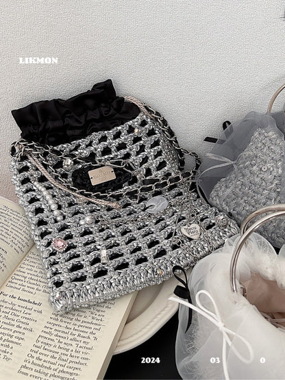 Black Silver Crochet Net Shoulder Bag