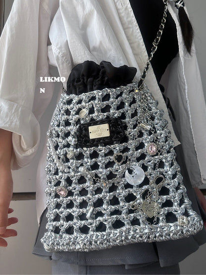 Black Silver Crochet Net Shoulder Bag