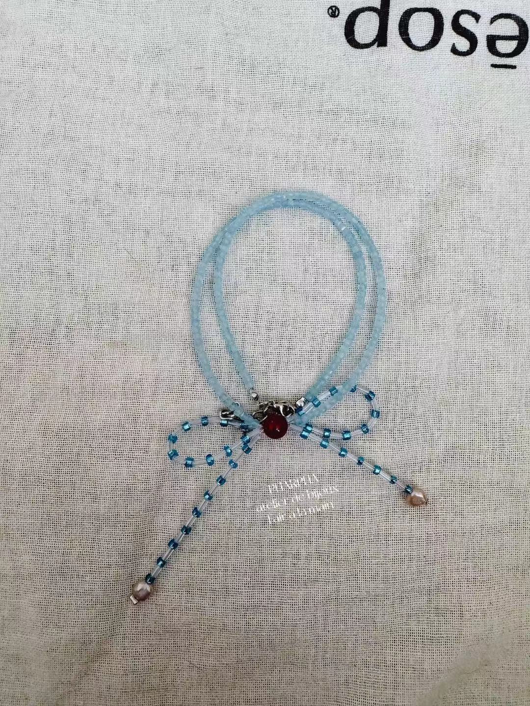 Blue Bow Pearl Beaded Necklace
