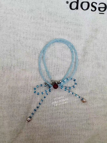 Blue Bow Pearl Beaded Necklace