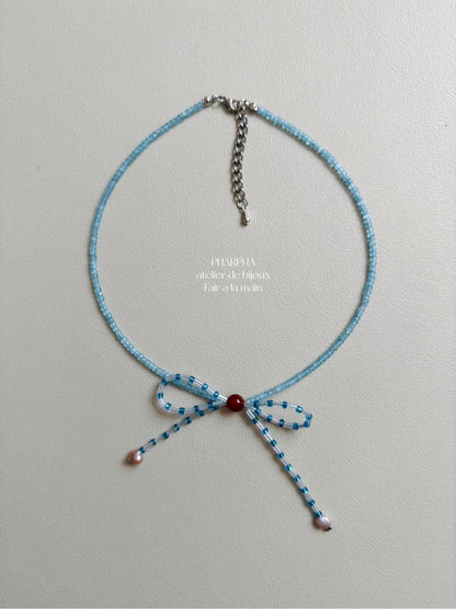 Blue Bow Pearl Beaded Necklace