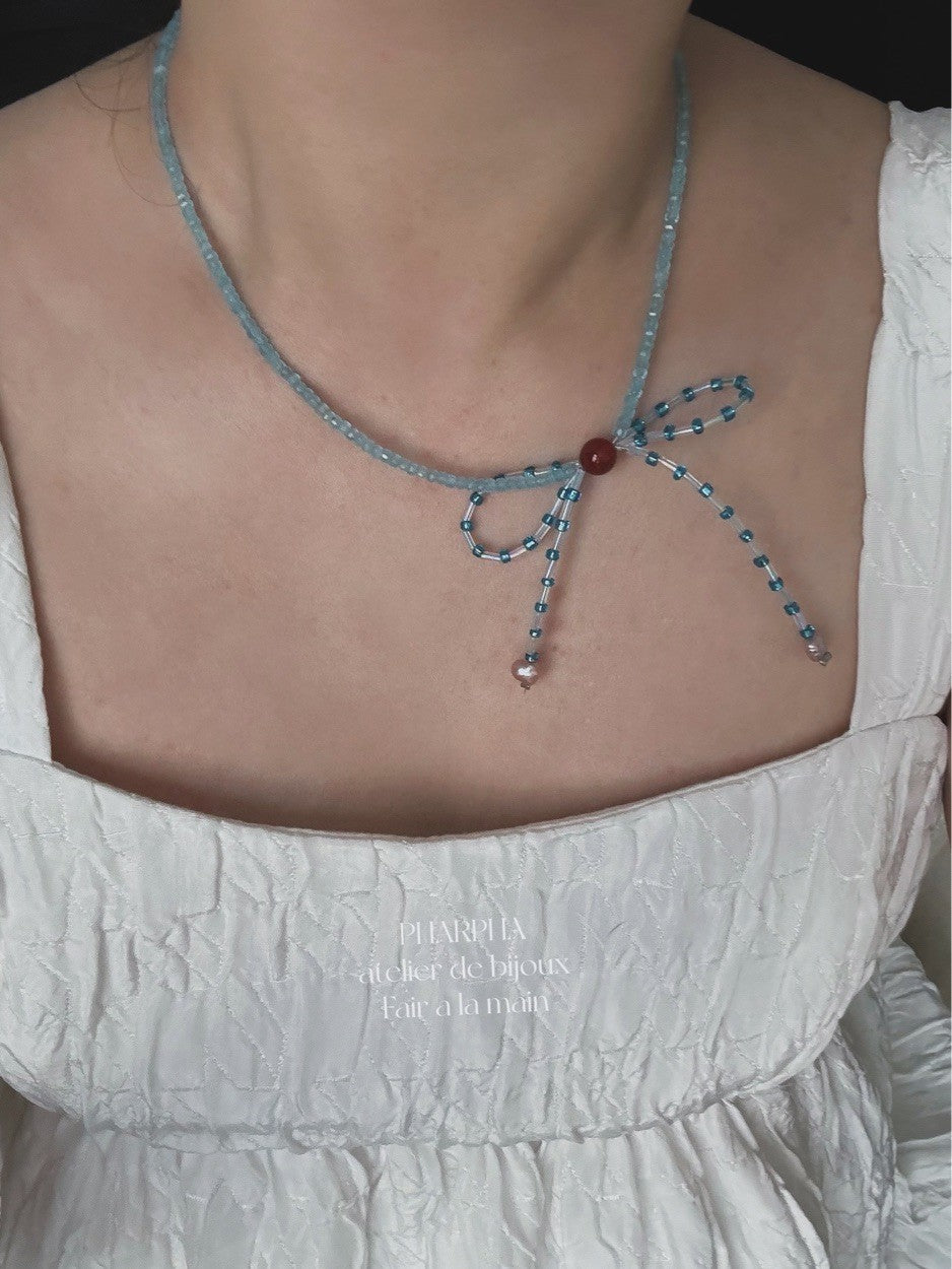 Blue Bow Pearl Beaded Necklace