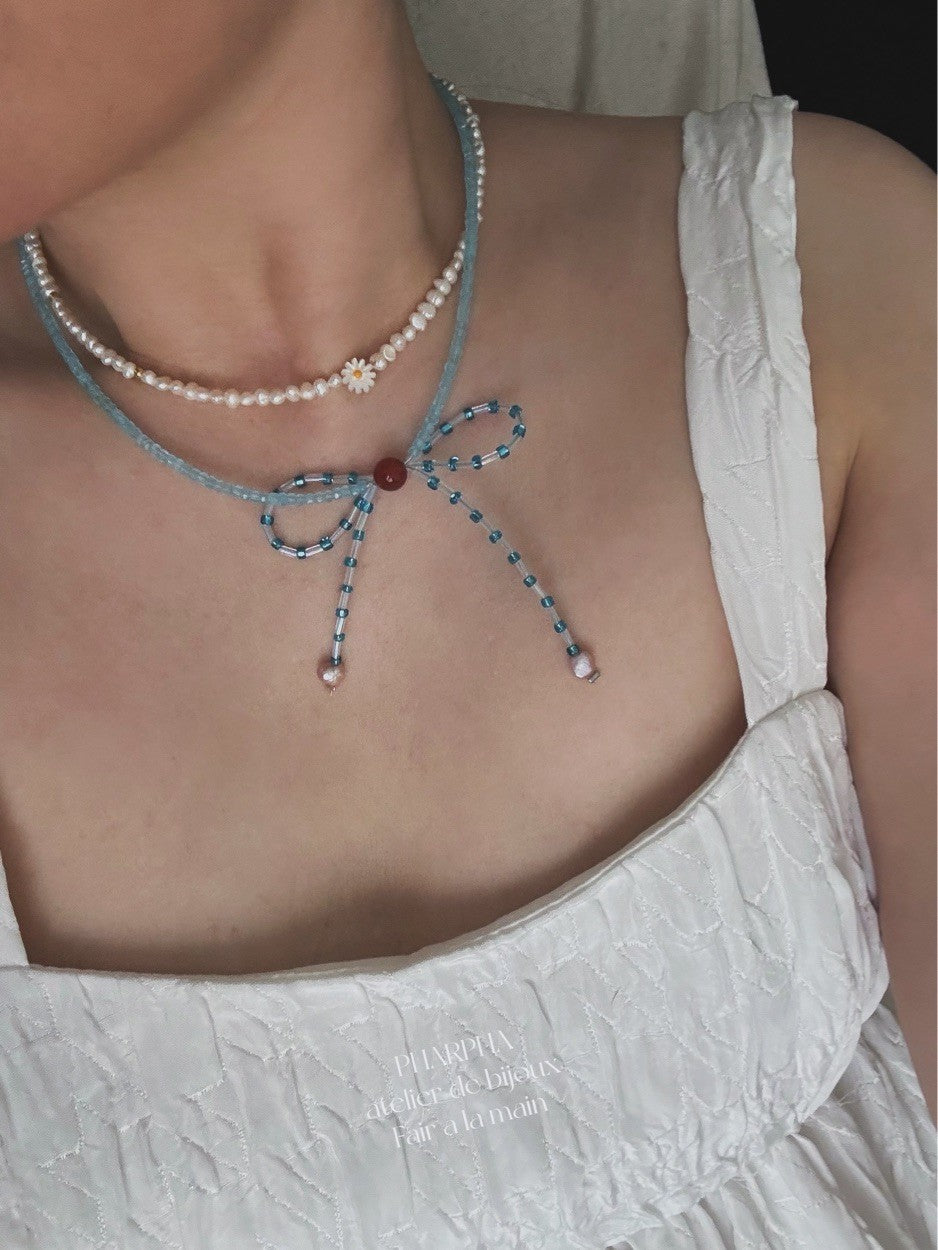 Blue Bow Pearl Beaded Necklace