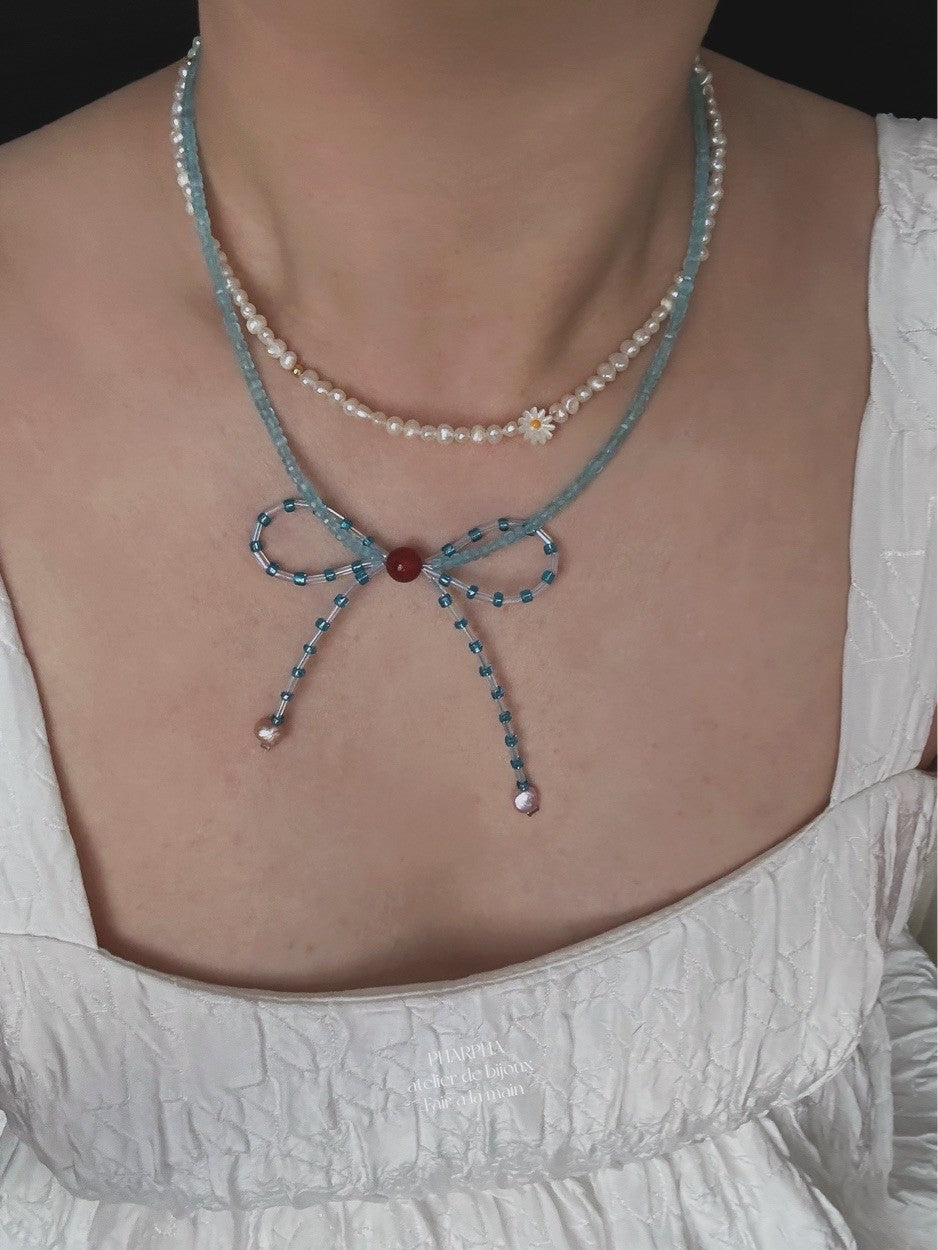 Blue Bow Pearl Beaded Necklace