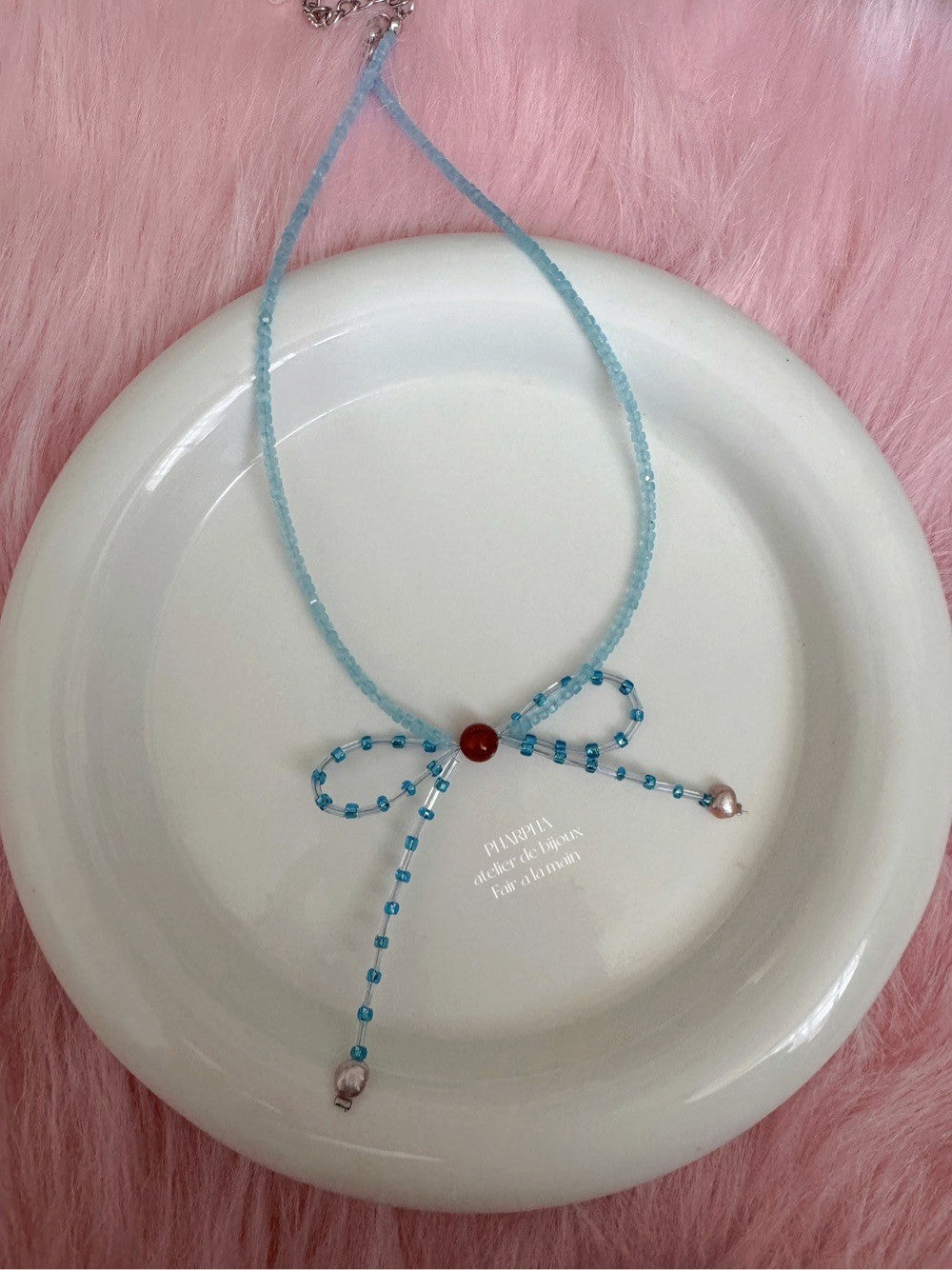 Blue Bow Pearl Beaded Necklace