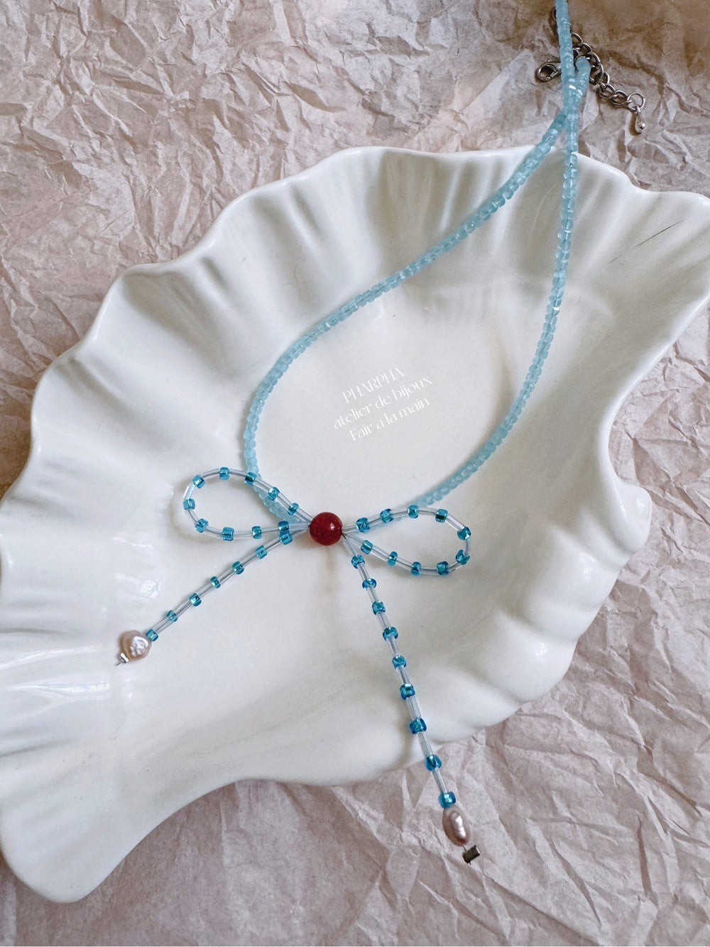 Blue Bow Pearl Beaded Necklace