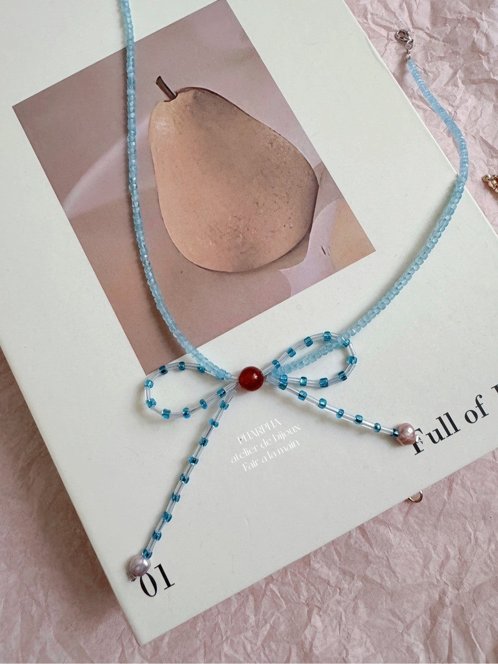 Blue Bow Pearl Beaded Necklace