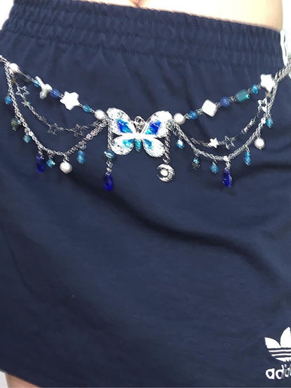 Blue Butterfly Pendant Tassel Necklace Waist Chain