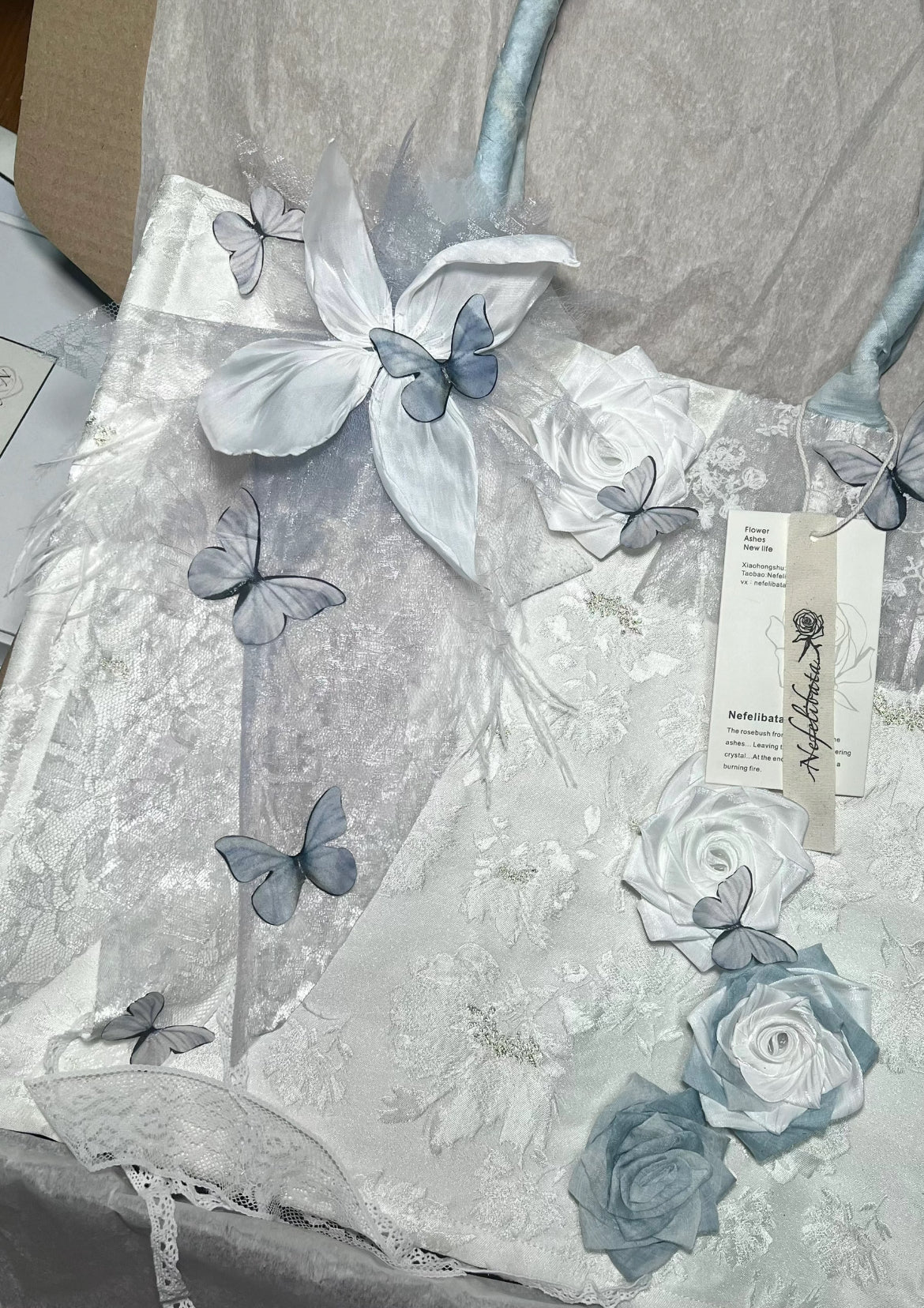 Blue Butterfly Rose Lace Tote