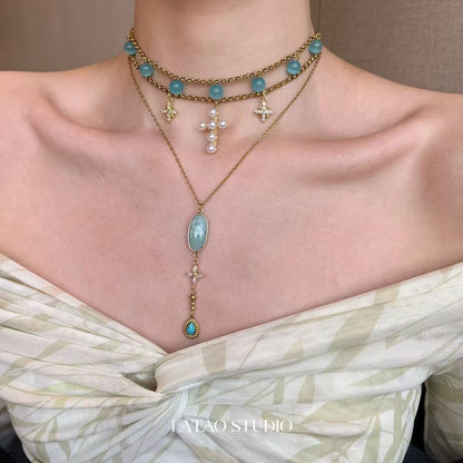 Blue Cat’s Eye Star Cross Layered Choker