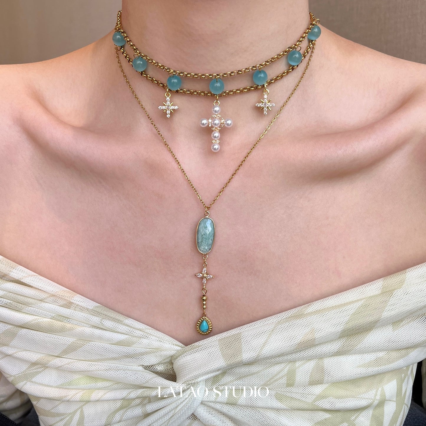Blue Cat’s Eye Star Cross Layered Choker
