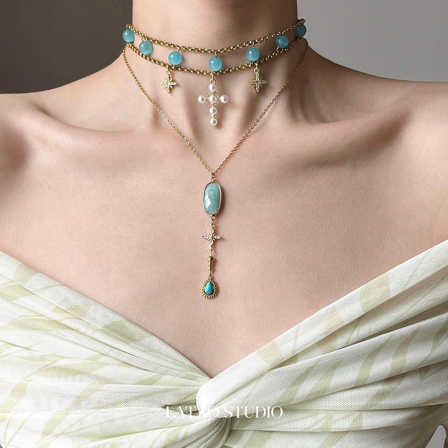 Blue Cat’s Eye Star Cross Layered Choker