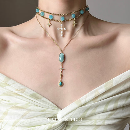 Blue Cat’s Eye Star Cross Layered Choker