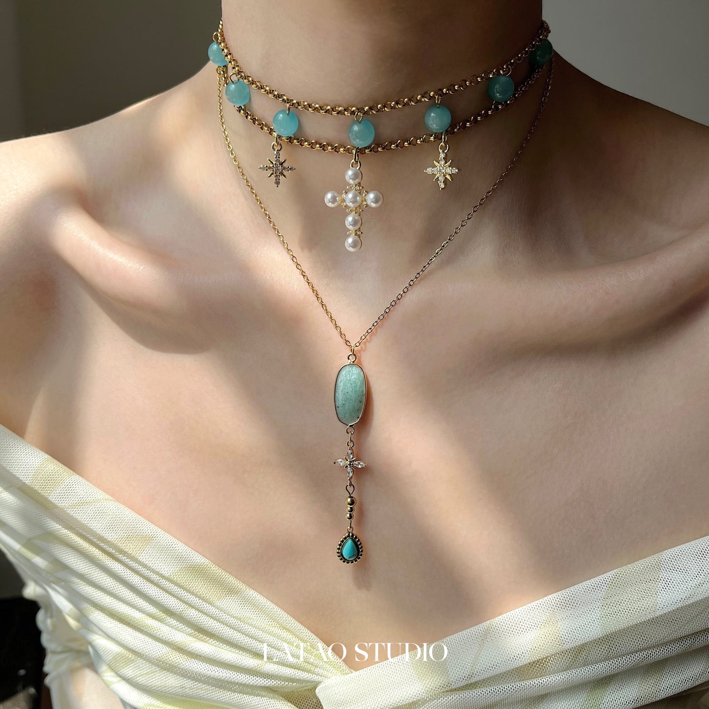 Blue Cat’s Eye Star Cross Layered Choker