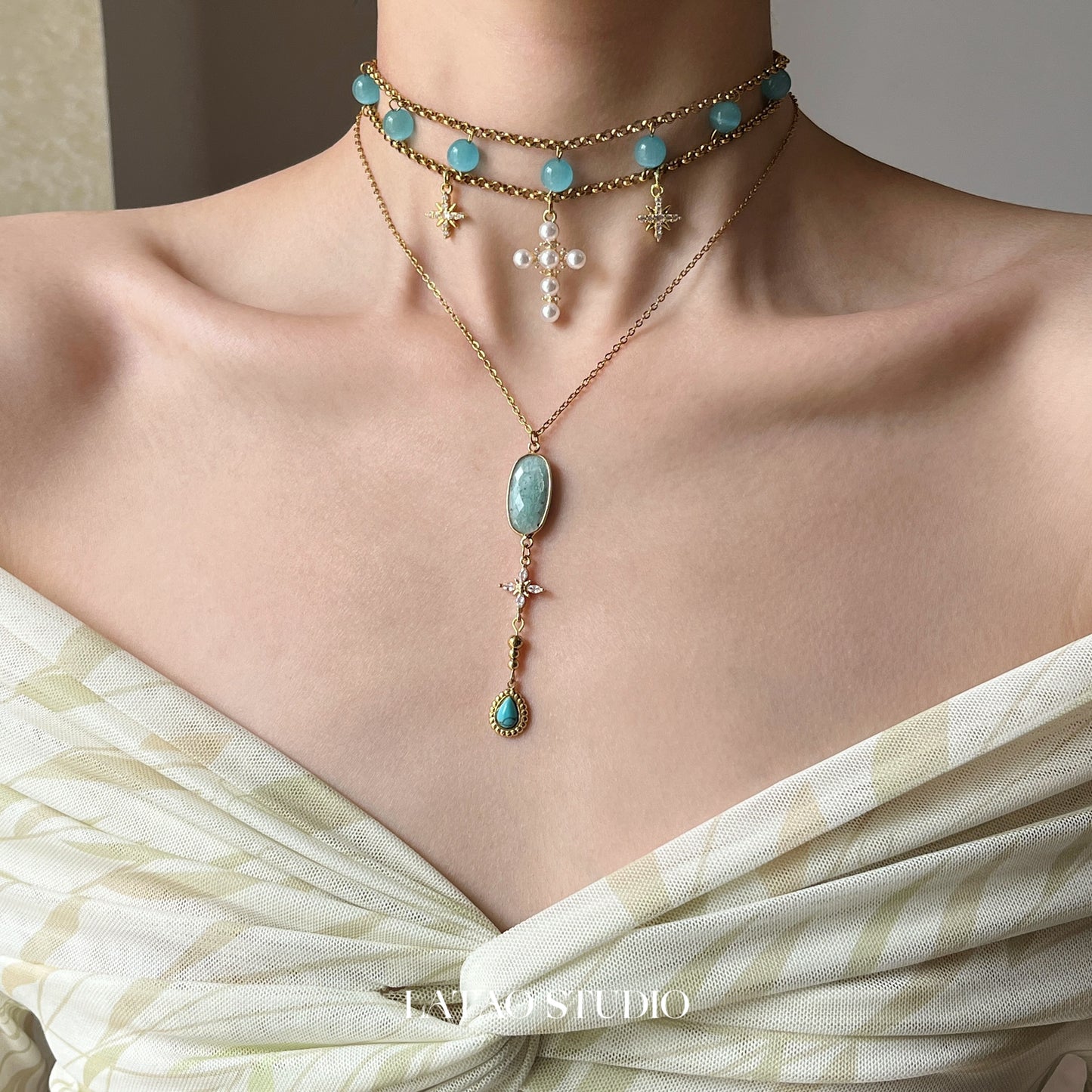 Blue Cat’s Eye Star Cross Layered Choker