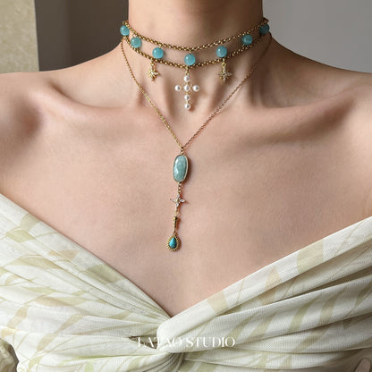 Blue Cat’s Eye Star Cross Layered Choker