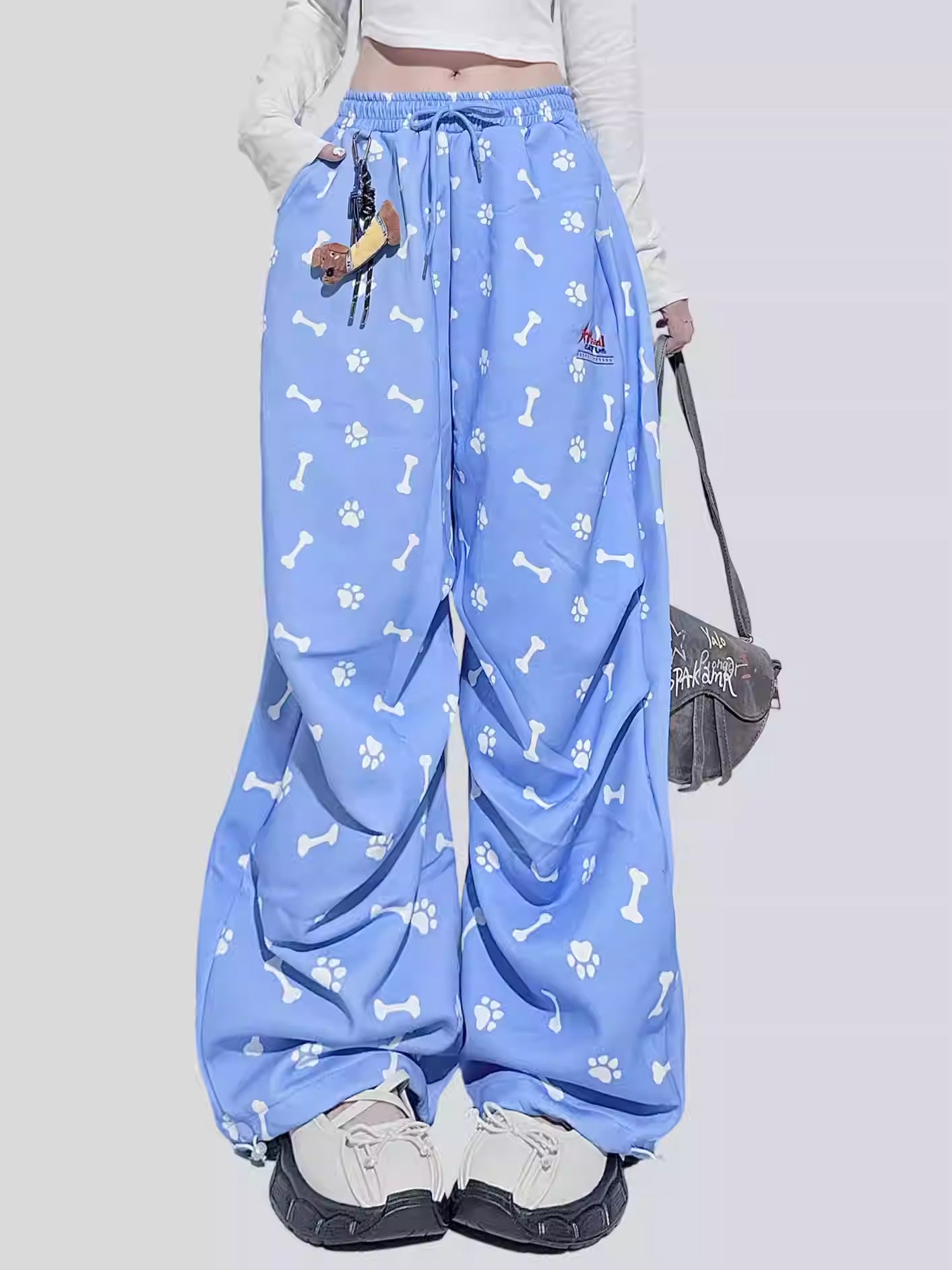 Blue Dog Paw Print Wide-Leg Pants