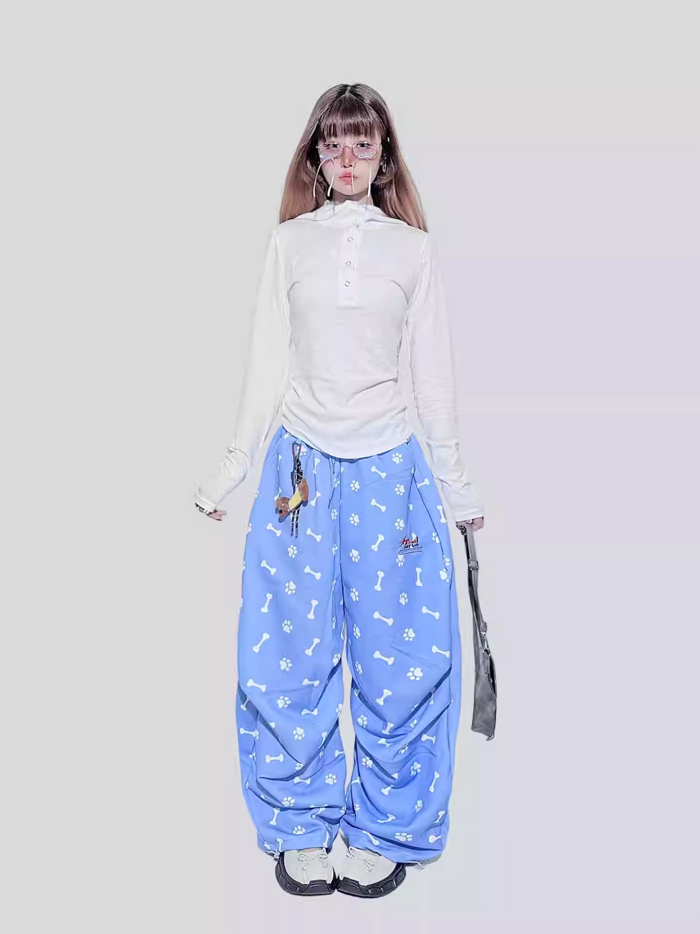 Blue Dog Paw Print Wide-Leg Pants
