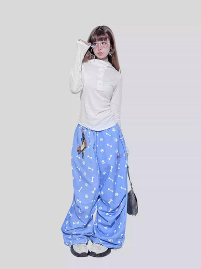 Blue Dog Paw Print Wide-Leg Pants