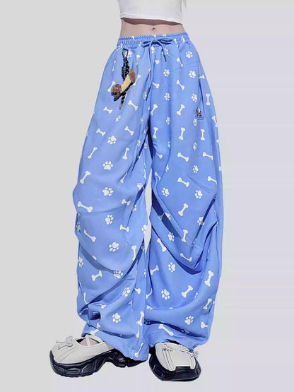 Blue Dog Paw Print Wide-Leg Pants