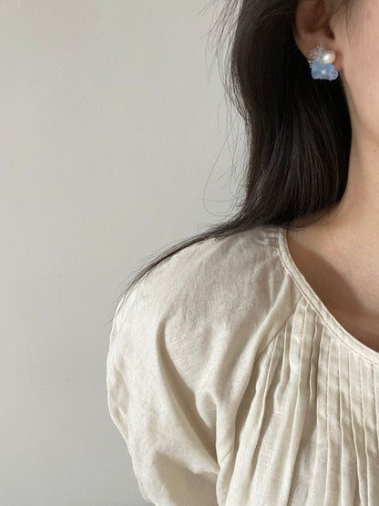 Blue Flower Beaded Pearl Earrings