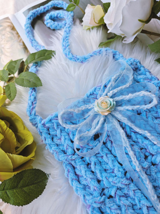 Blue Flower Bow Crochet Crossbody Bag