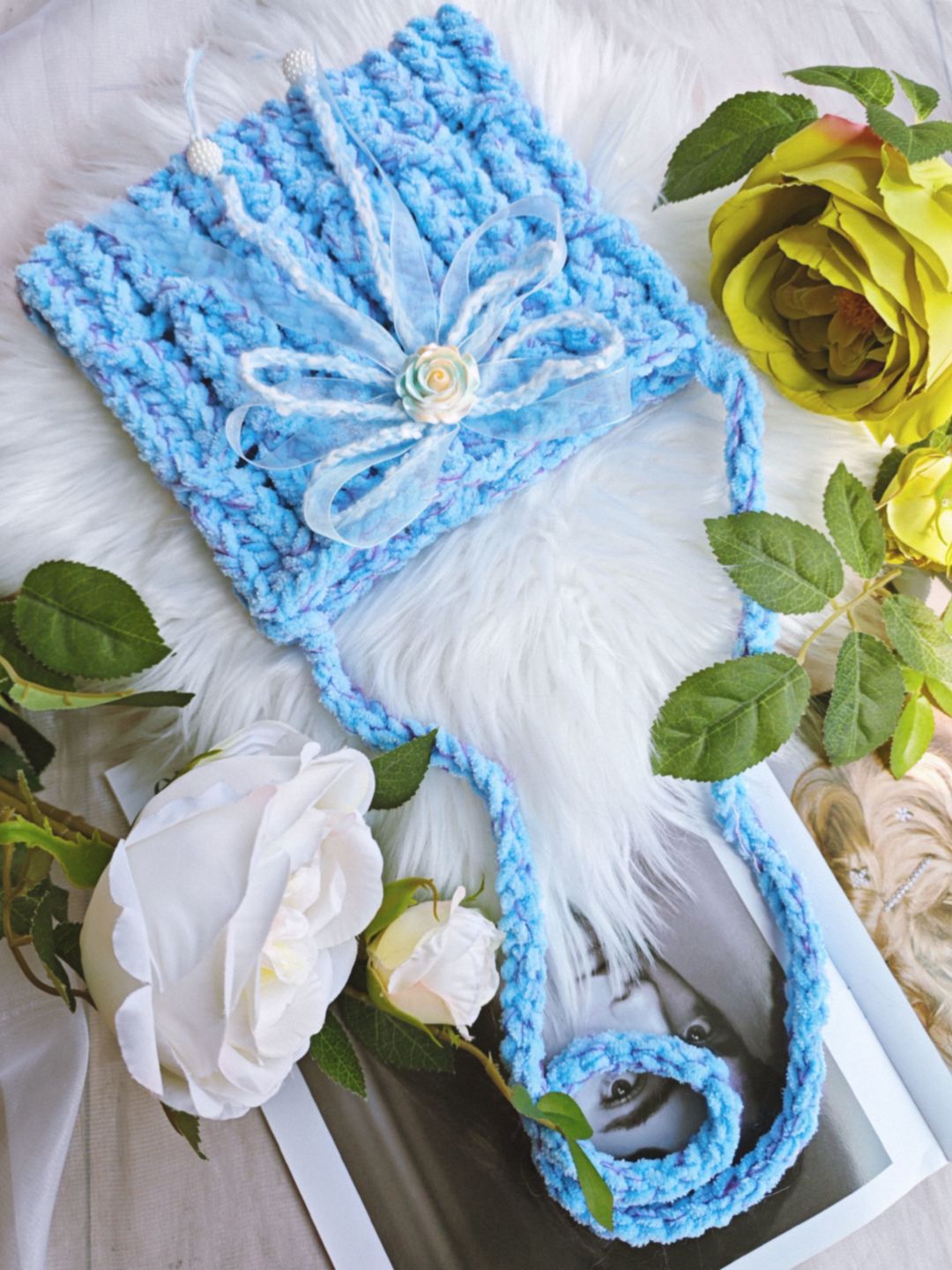 Blue Flower Bow Crochet Crossbody Bag