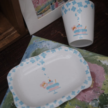 Blue Flower Happy Birthday Kitten Ceramic Plate