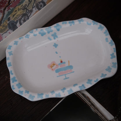 Blue Flower Happy Birthday Kitten Ceramic Plate