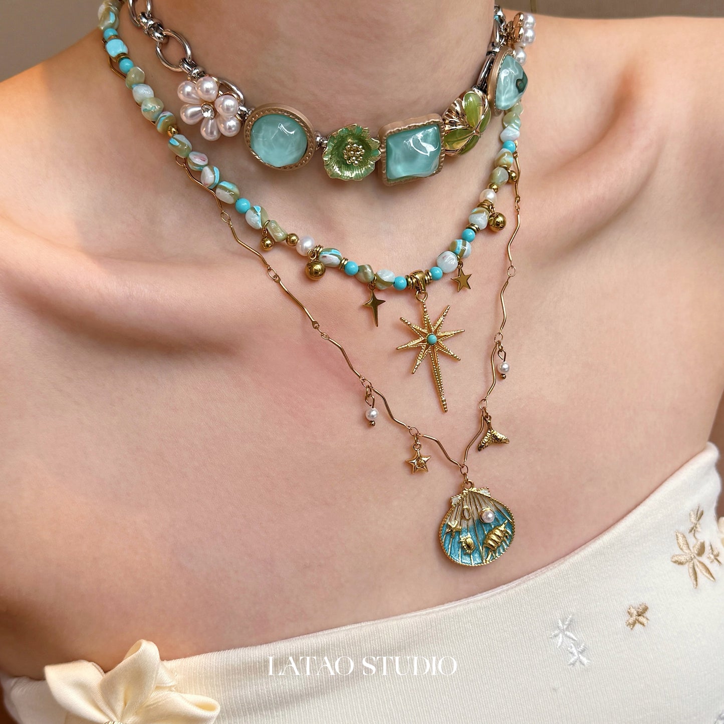 Blue Gold Shell Star Beaded Layered Necklace
