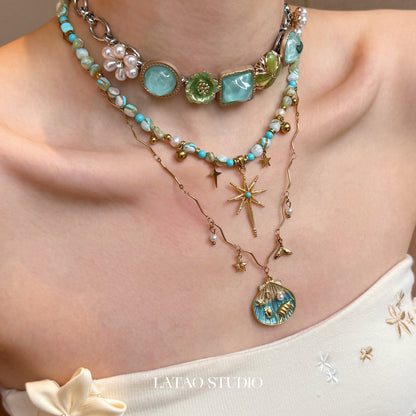 Blue Gold Shell Star Beaded Layered Necklace