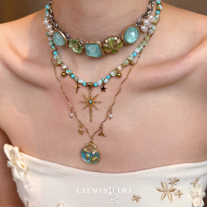 Blue Gold Shell Star Beaded Layered Necklace