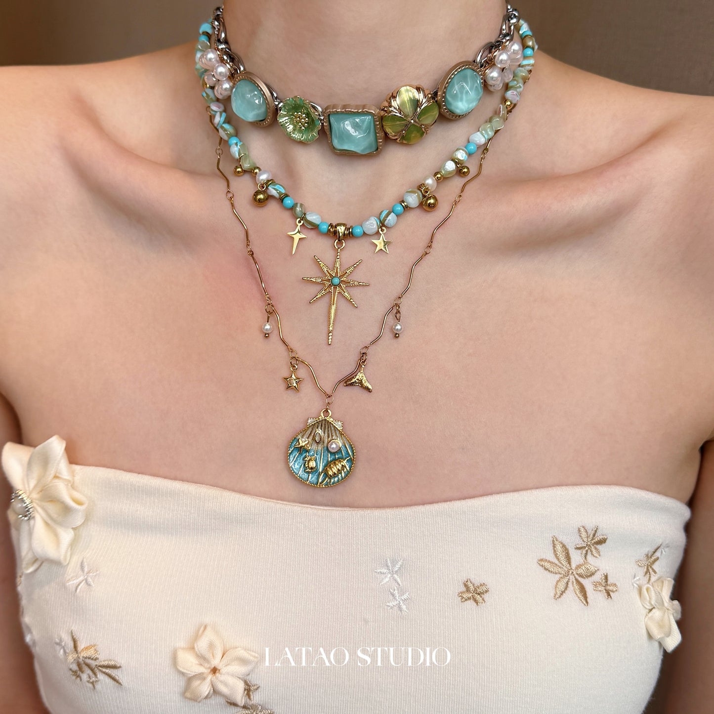 Blue Gold Shell Star Beaded Layered Necklace