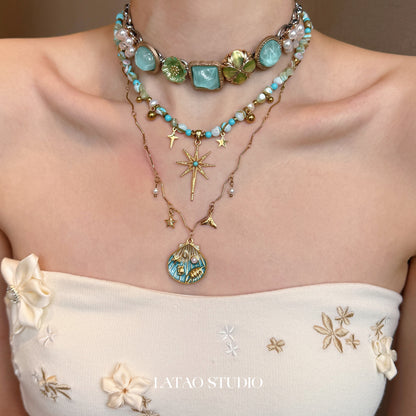 Blue Gold Shell Star Beaded Layered Necklace