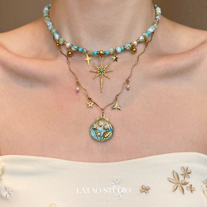 Blue Gold Shell Star Beaded Layered Necklace