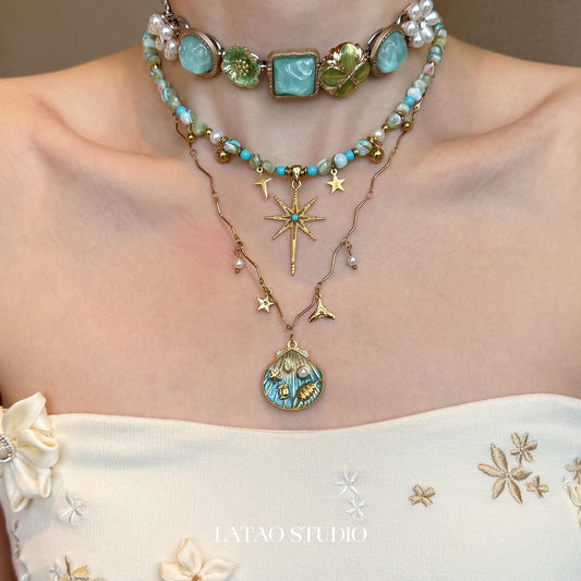 Blue Gold Shell Star Beaded Layered Necklace