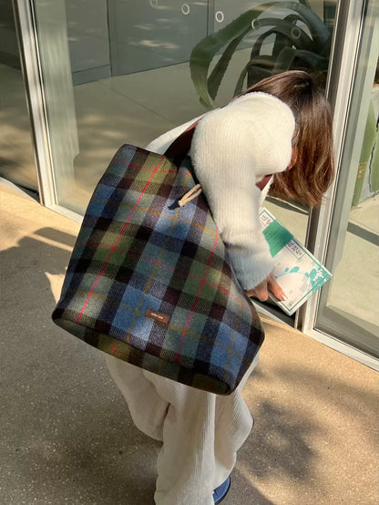Blue Green Plaid Wool Shoulder Bag