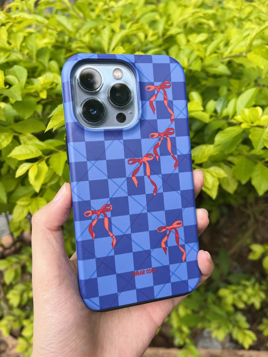 Blue Plaid Bow Printed Double Layer Phone Case