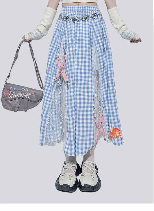 Blue Plaid Lace Patchwork Skirt