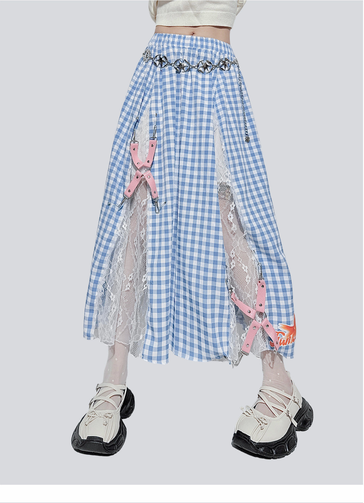 Blue Plaid Lace Patchwork Skirt