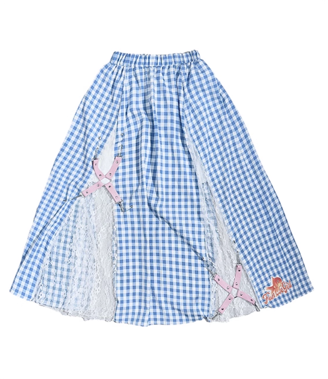 Blue Plaid Lace Patchwork Skirt