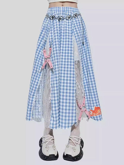 Blue Plaid Lace Patchwork Skirt