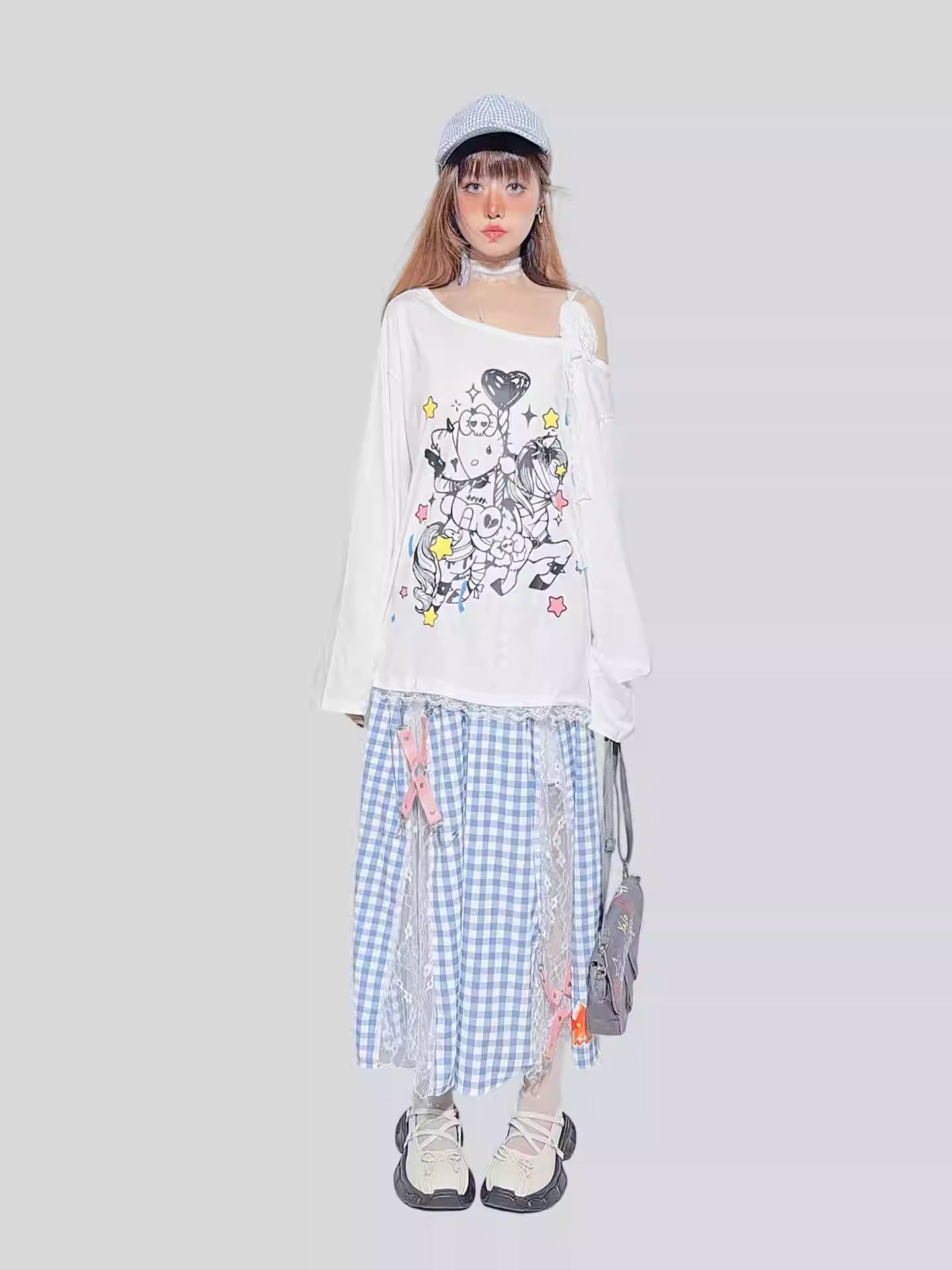 Blue Plaid Lace Patchwork Skirt