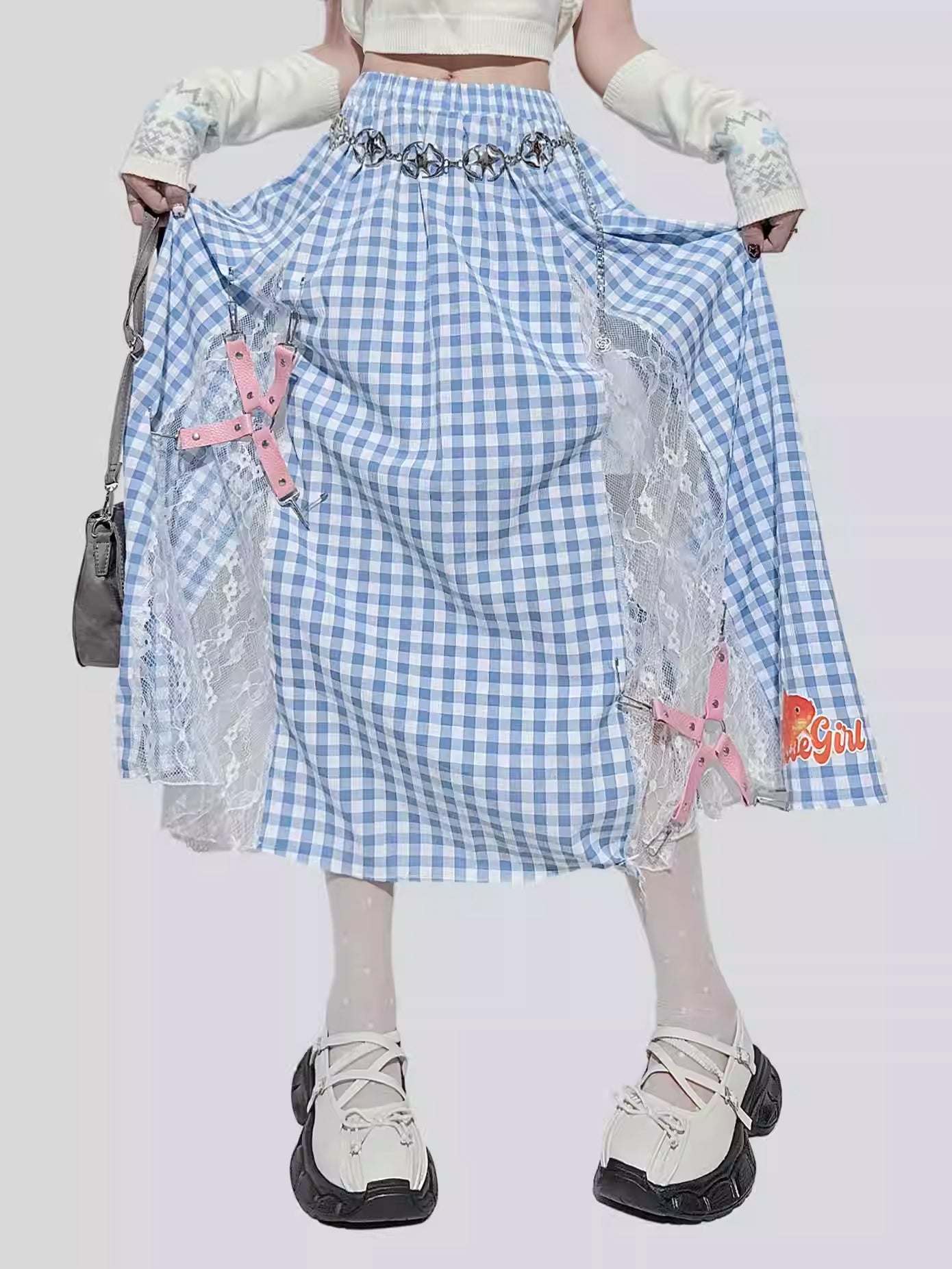 Blue Plaid Lace Patchwork Skirt