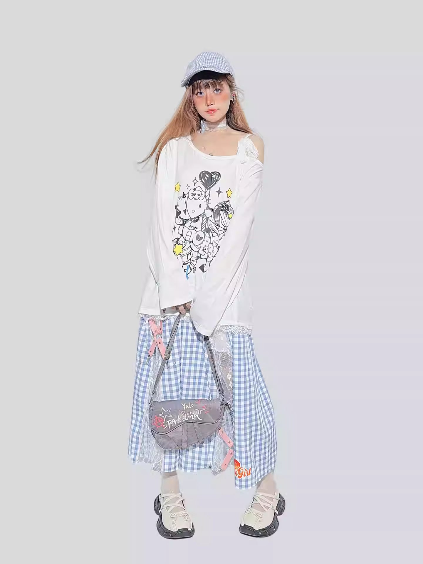 Blue Plaid Lace Patchwork Skirt