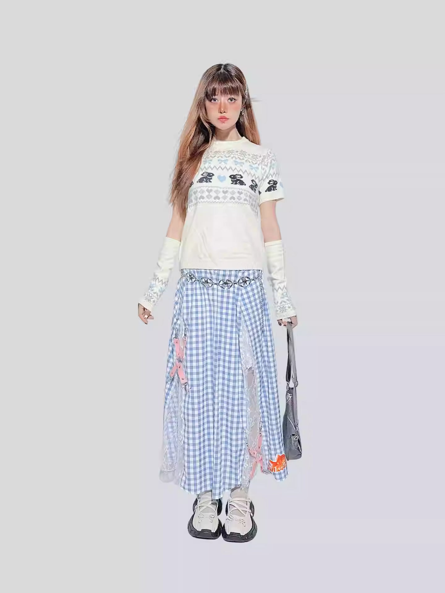 Blue Plaid Lace Patchwork Skirt