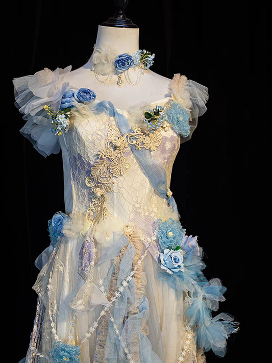 Blue Retro Floral Princess Dress
