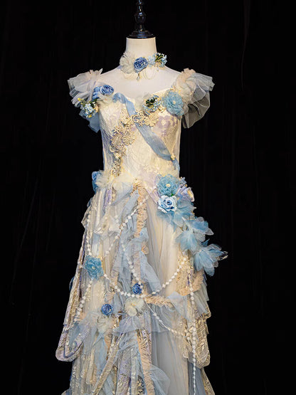 Blue Retro Floral Princess Dress